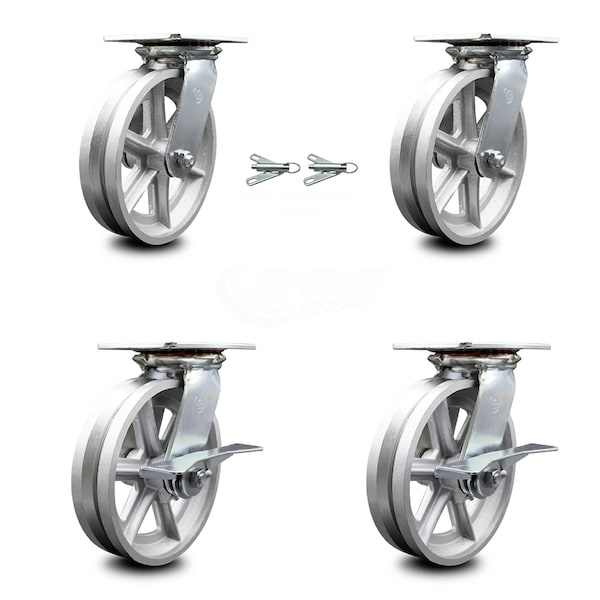 8 Inch V Groove Semi Steel Swivel Caster Swivel Locks 2 Brakes SCC, 2PK